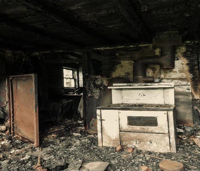 The kitchen of a home ravaged by fire