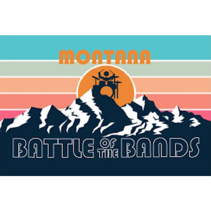 Battle of the Bands logo with navy mountains and a colorful striped background